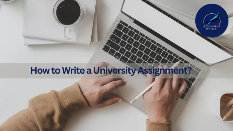 A student writing a university assignment at a desk, surrounded by books and a laptop, focused on their work. - How to write a university assignment?