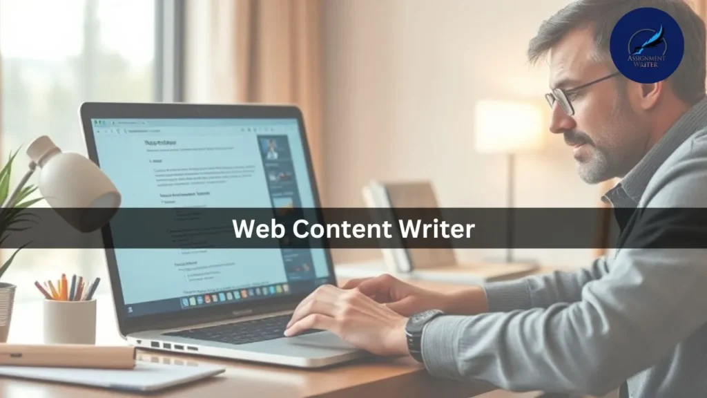 A professional web content writer typing on a laptop, surrounded by notes and a coffee cup, focused on creating engaging content-web content writer